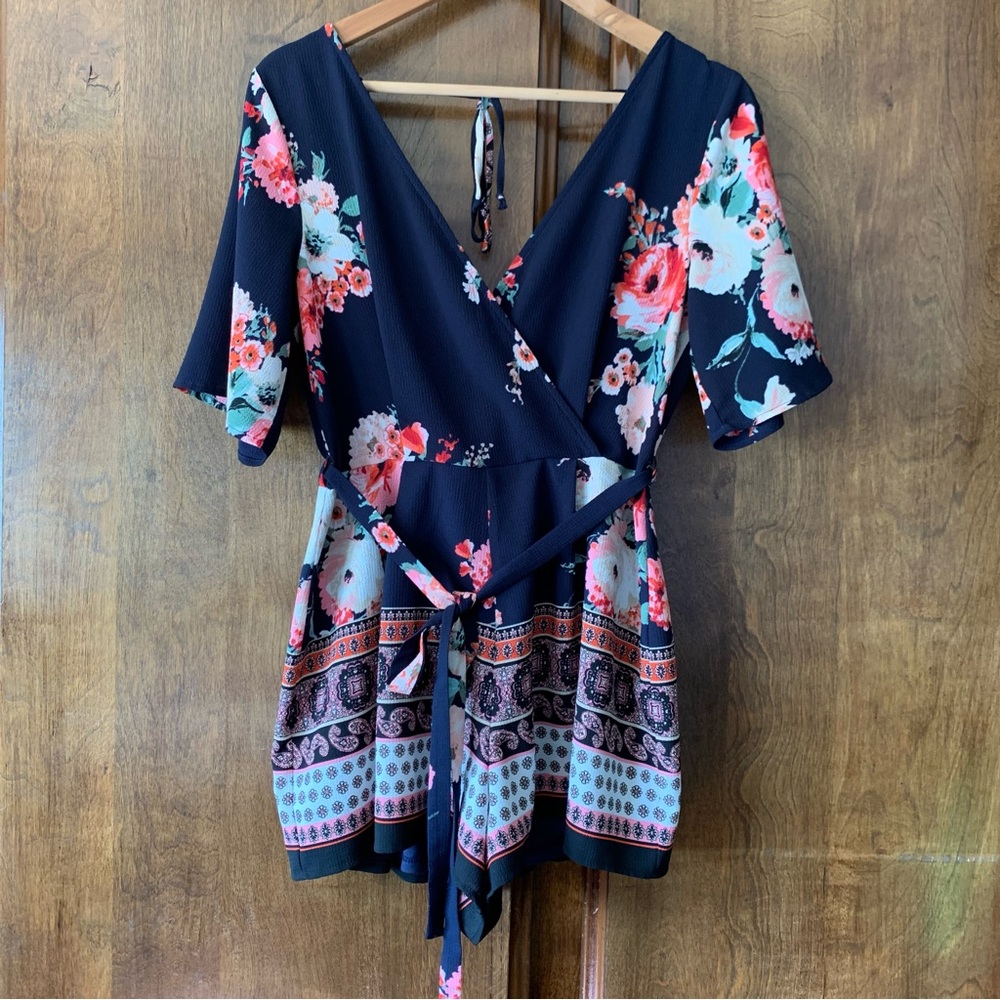 Floral Wrap V-Neck Women’s Romper in Navy and Coral